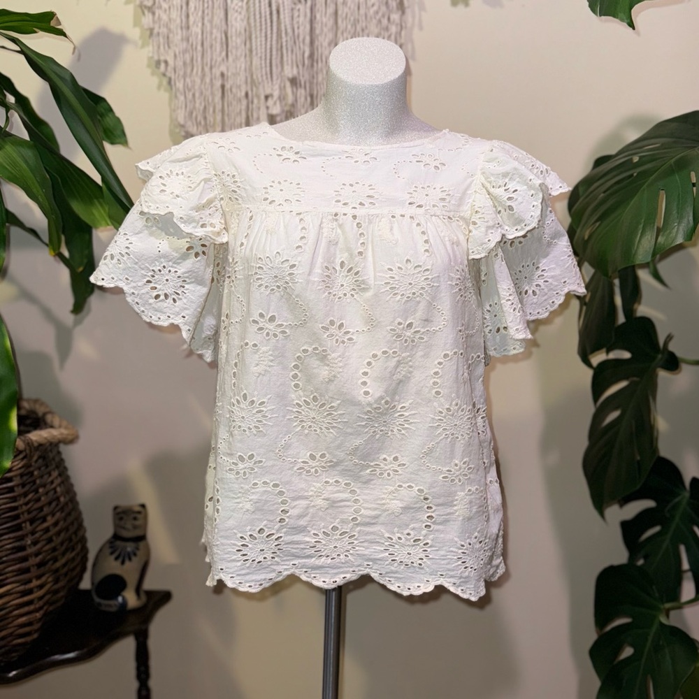 Industry Embroidered Lined Puff Sleeve Ruffle Top Medium